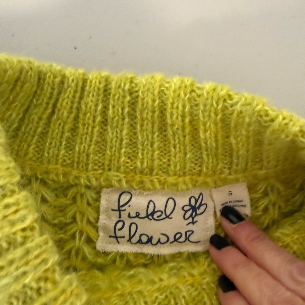 Field Flower Wool Blend Chartreuse Open Knit Sweater Anthro Style small - Picture 11 of 12